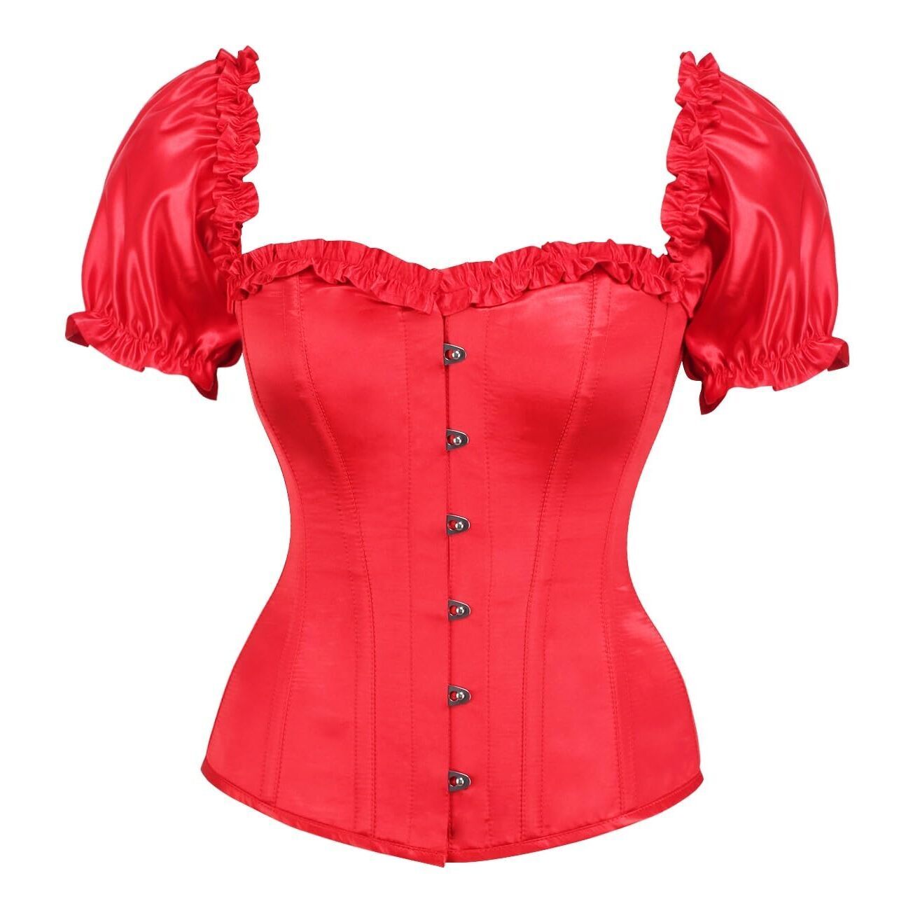 8989 Top Drawer Steel Boned Red Satin Overbust Corset W/Sleeves Small